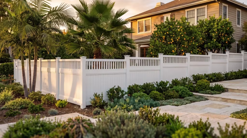 A tall fan palm shades this vinyl fence, finished in White, where vertical privacy boards meet a picket top