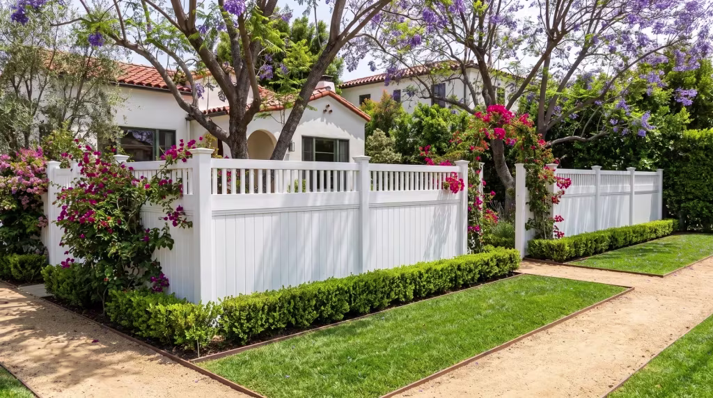 White vinyl privacy fence, capped by pickets, runs along a sidewalk beneath a jacaranda canopy