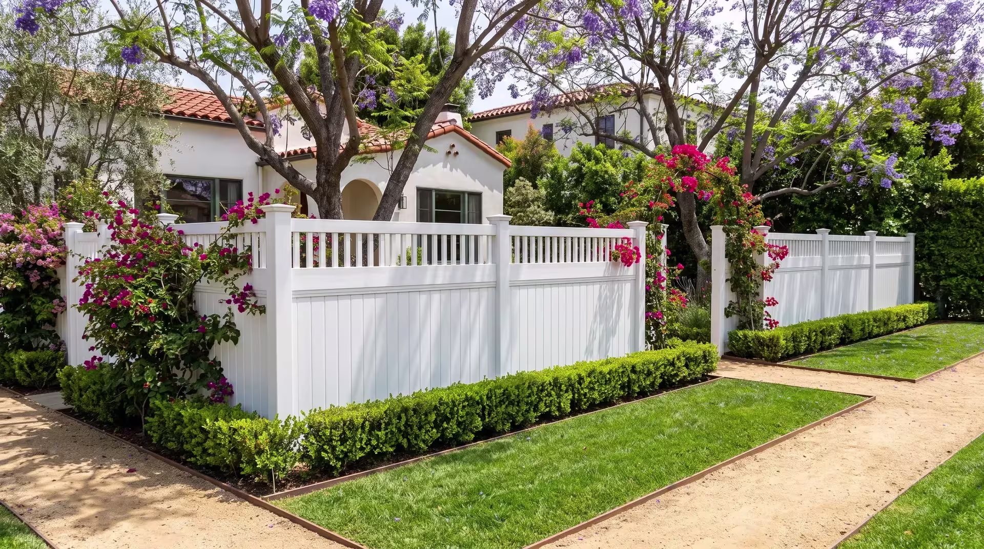 White vinyl privacy fence, capped by pickets, runs along a sidewalk beneath a jacaranda canopy