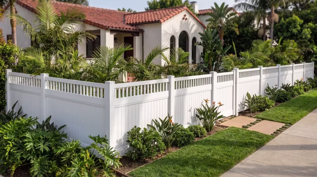White vinyl fence with vertical privacy infill and a picket top frames an entry walk lined with queen palms