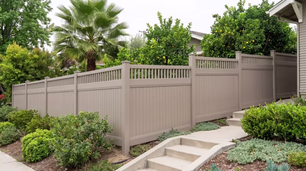 Clay vinyl fence, picket top over vertical privacy boards, sits beside poured concrete steps and a retaining edge