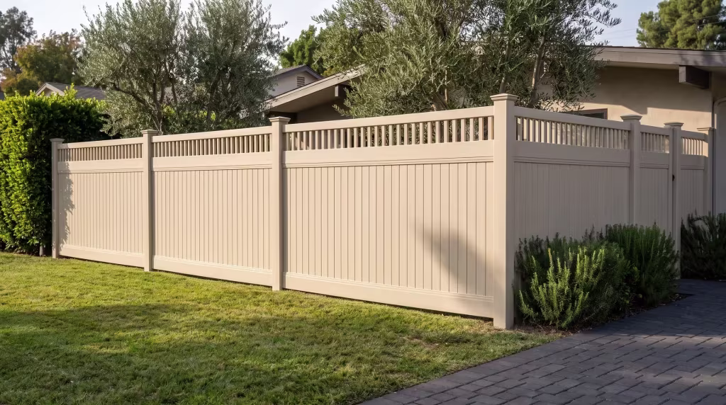 Tan vinyl privacy fence, finished with a row of pickets, borders a lawn shaded by mature olive trees