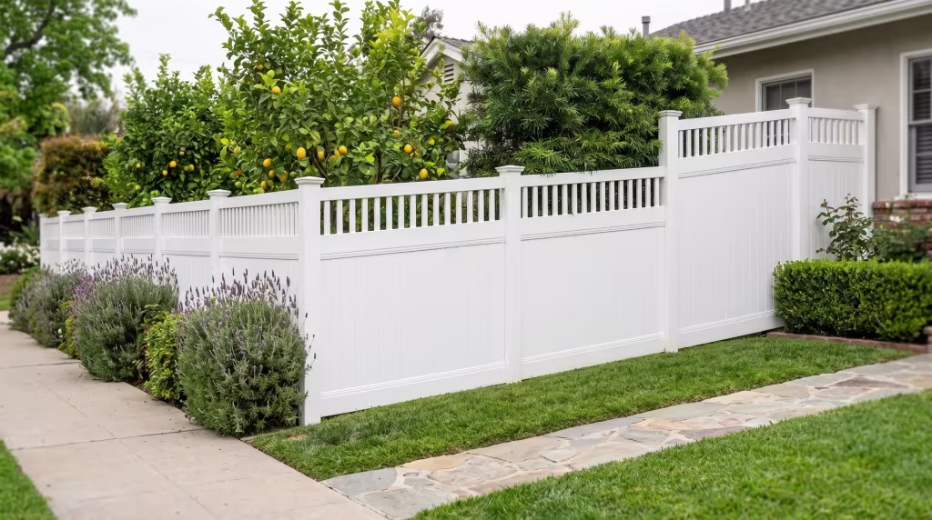 White vinyl fence combines a picket top with vertical privacy boards along a narrow flagstone walk past lemon trees
