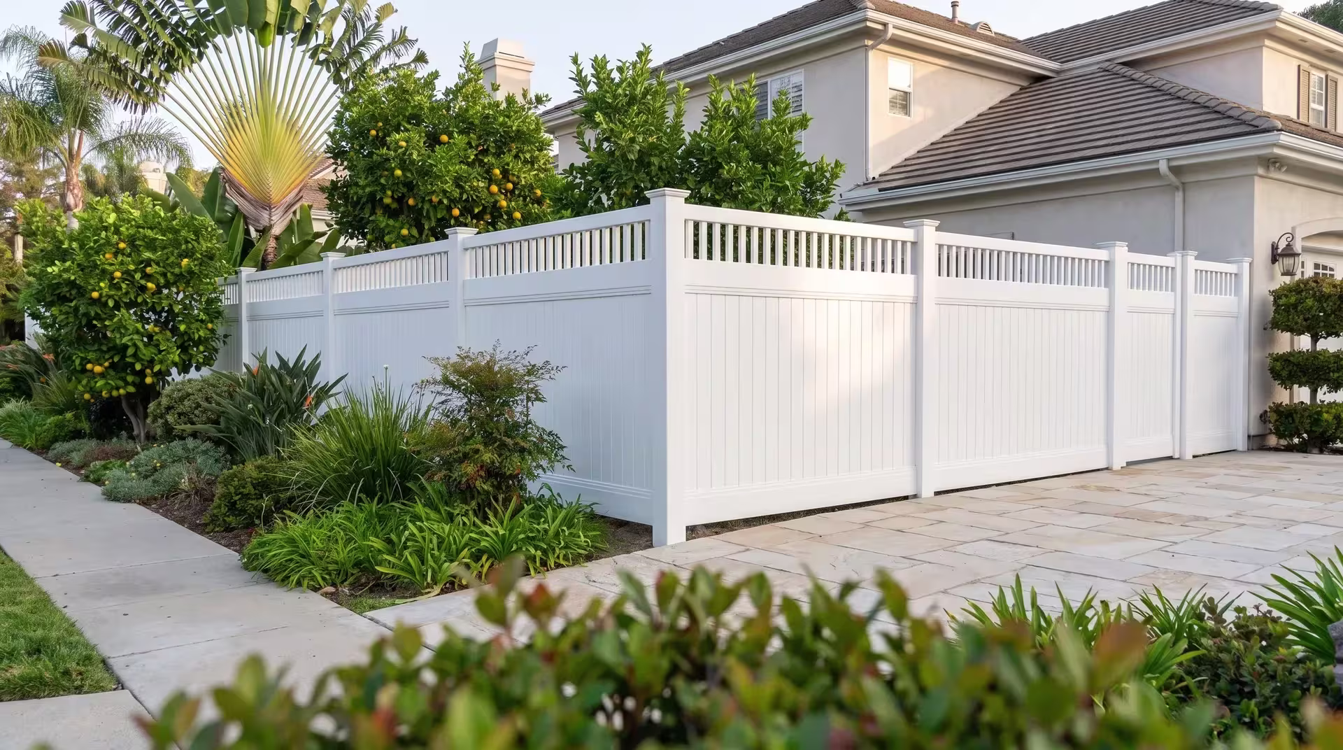 White vinyl privacy fence rises to a picket-topped rail, edging a sidewalk lined with pale stone paving