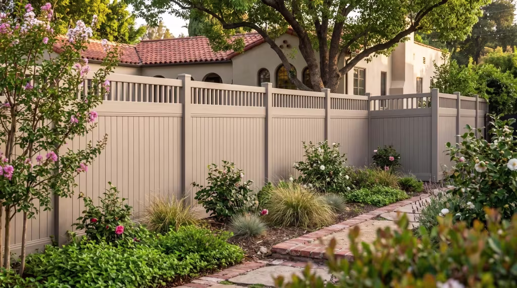 Clay vinyl privacy fence, its top finished in pickets, stands shaded by a street tree beside a brick path