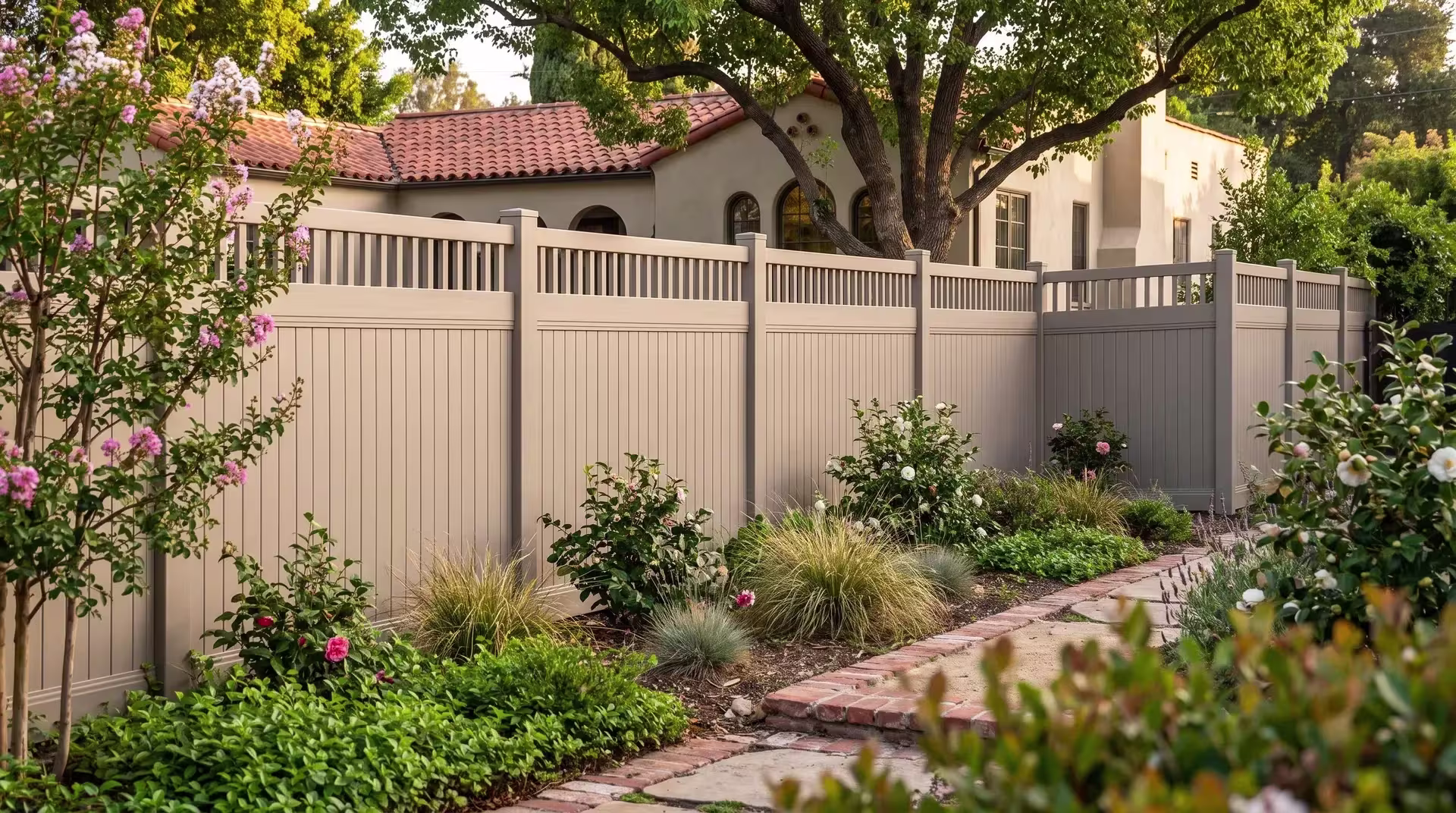 Clay vinyl privacy fence, its top finished in pickets, stands shaded by a street tree beside a brick path
