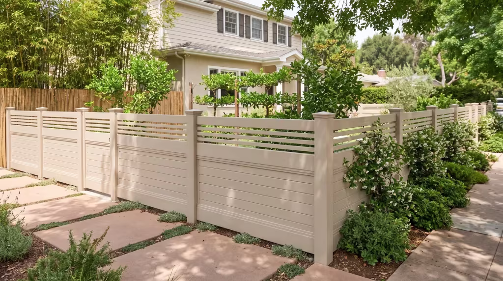 Tan vinyl fencing pairs horizontal privacy boards with a picket top behind citrus trees and star jasmine