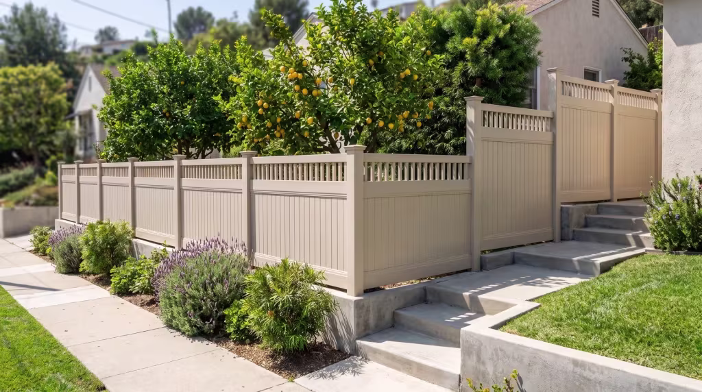 Tan vinyl fence steps into a hillside yard's retaining edges, pickets finishing the top of its vertical boards