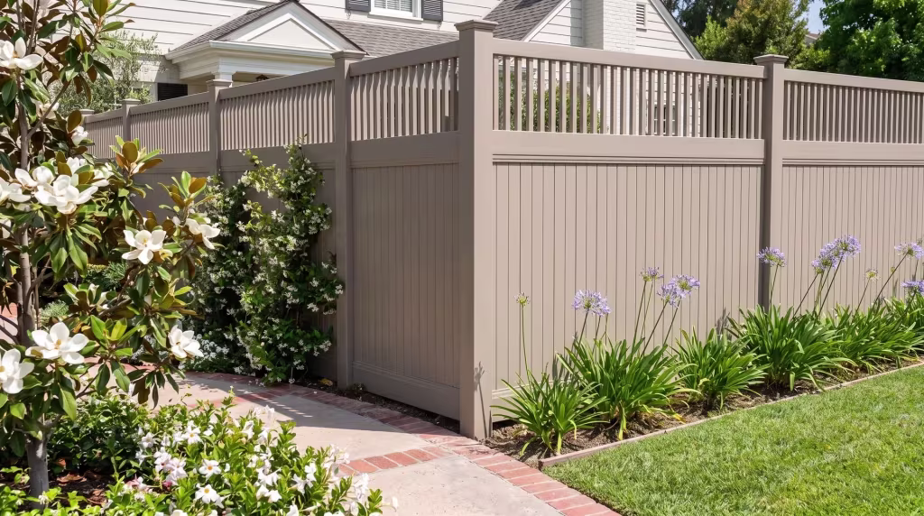 Clay vinyl fence turns a corner past a brick garden path, pickets crowning its vertical privacy boards