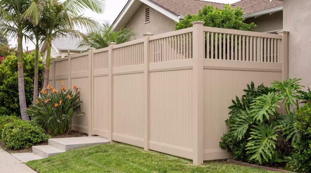 Tan vinyl privacy fence, its top row of pickets visible, frames a bungalow entry walk beneath queen palms