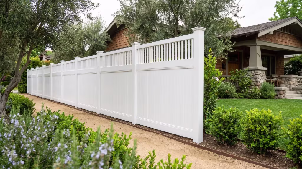 A decomposed granite path runs beside this vinyl fence, finished in White, near a Craftsman bungalow's picket top