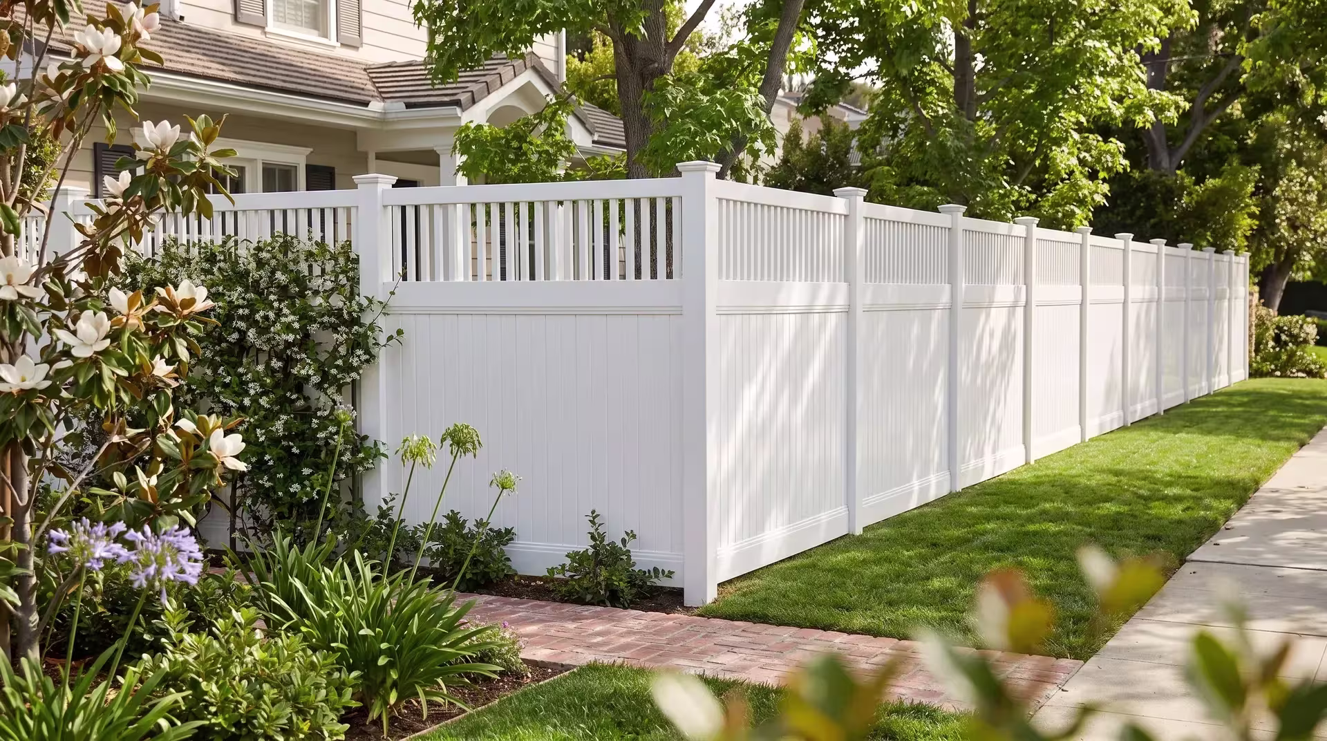 Magnolia and jasmine planting line the sidewalk beside this vinyl fence, finished in White, with a picket-topped rail