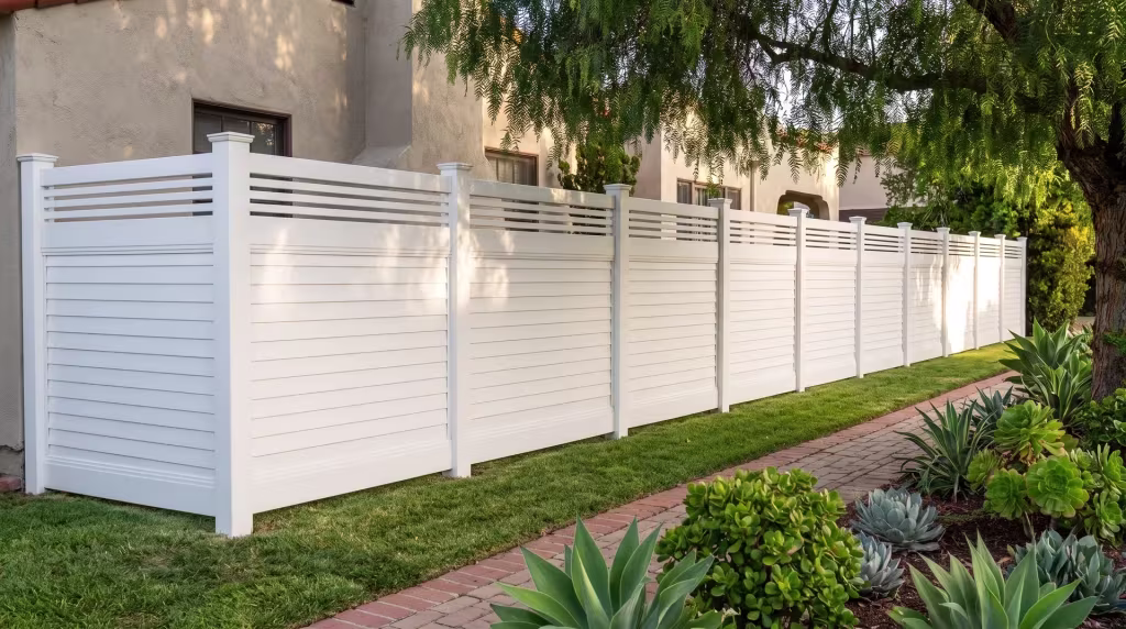A picket top crowns this White vinyl fence, which separates a shallow lawn from the entry walk with horizontal boards