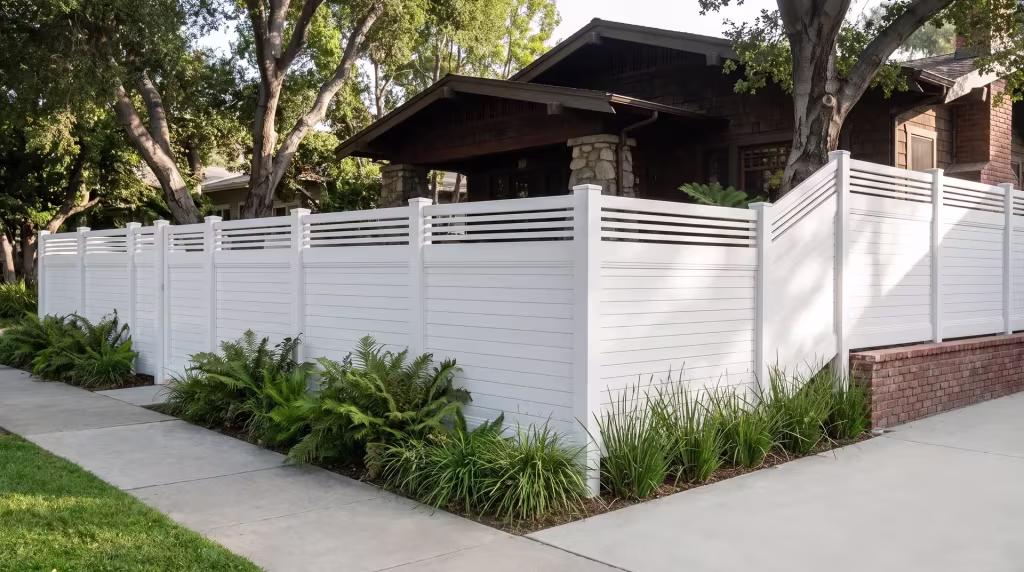 Coast live oak shade and ferns edge this White vinyl horizontal privacy fence, topped with pickets