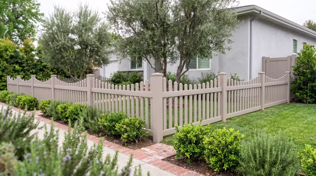 Clay vinyl scalloped picket fence lining a front yard shaded by a mature street tree
