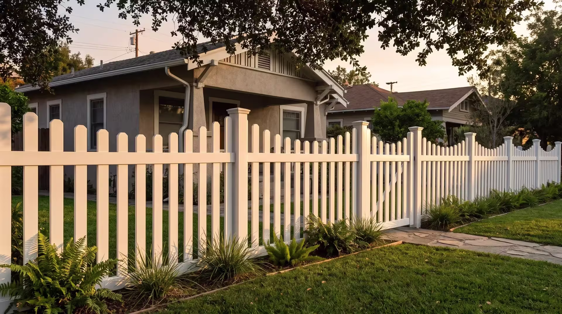 A narrow flagstone walk crosses the lawn beside a White vinyl scalloped picket fence at a bungalow