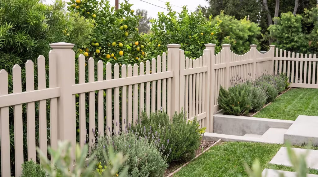 Tan vinyl scalloped picket fence running above poured concrete steps on a hillside garden