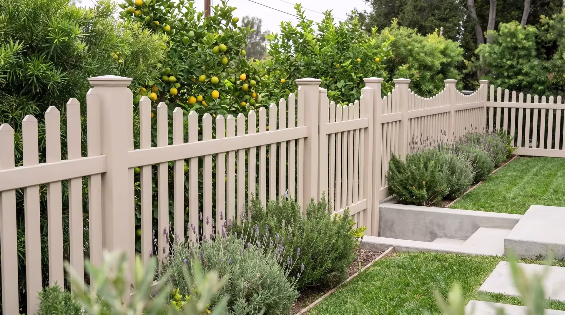 Tan vinyl scalloped picket fence running above poured concrete steps on a hillside garden