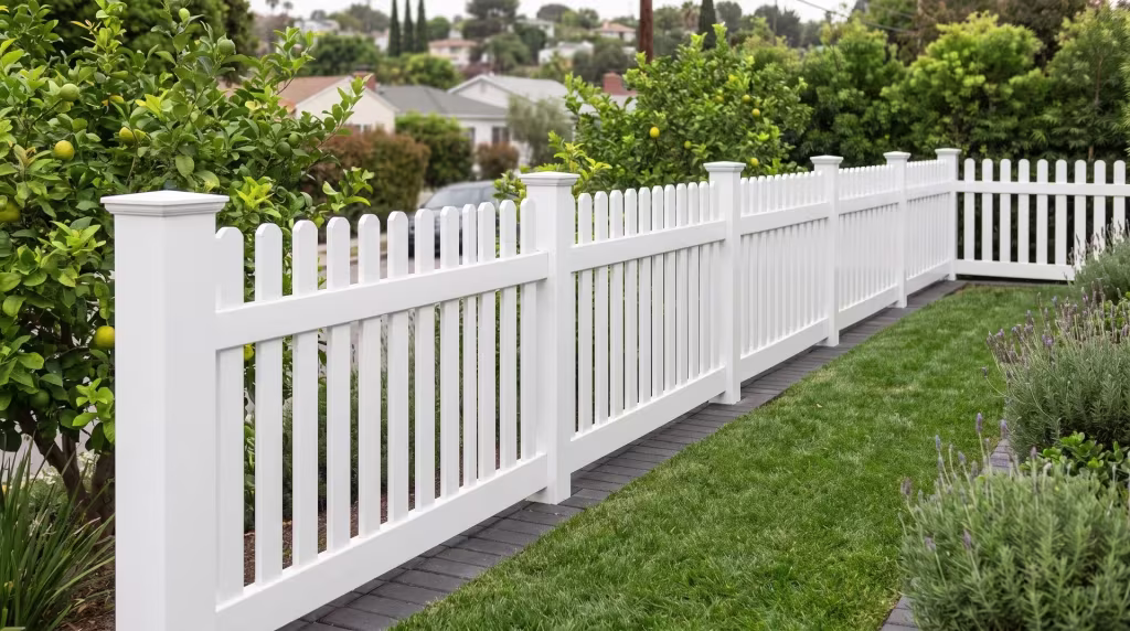 White vinyl scalloped picket fence turning the corner of a hillside lot above dark charcoal pavers