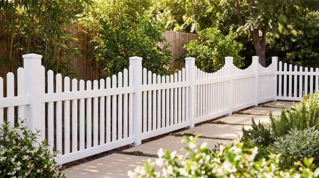 Stepped White vinyl scalloped picket panels following a sloped garden screened by bamboo