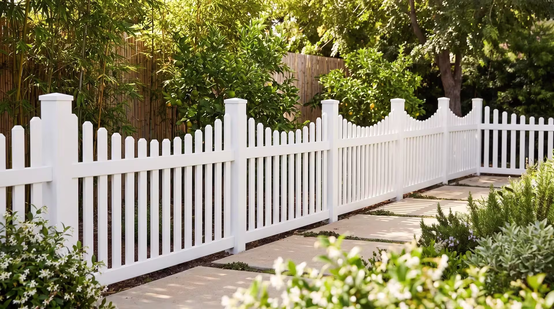 Stepped White vinyl scalloped picket panels following a sloped garden screened by bamboo