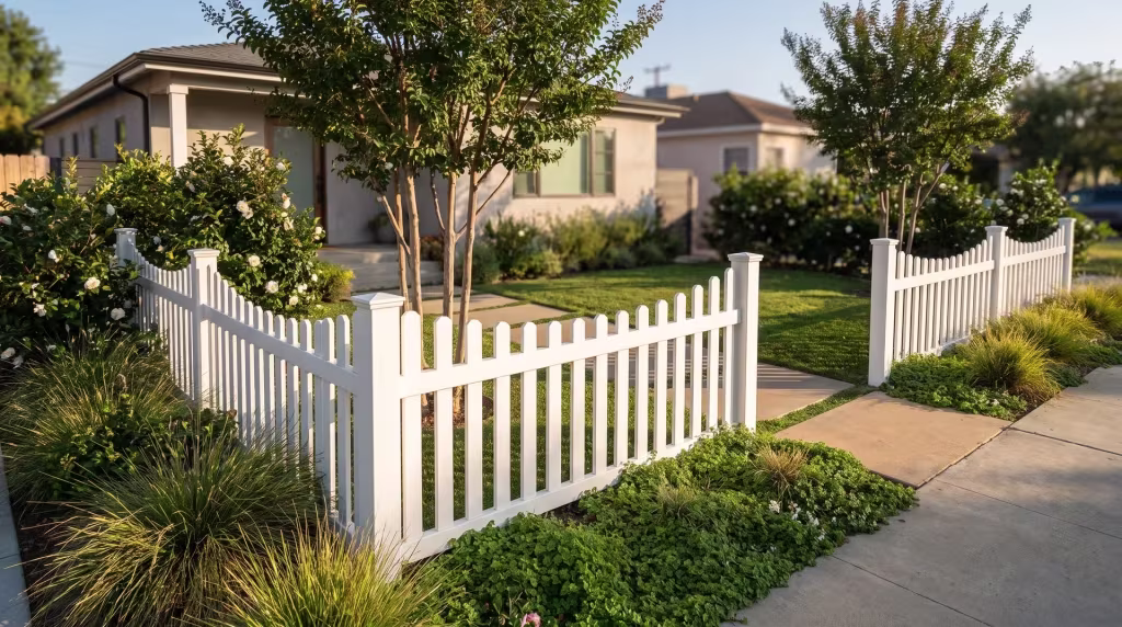 White vinyl scalloped picket fence lining an entry walk beneath crepe myrtle and camellias