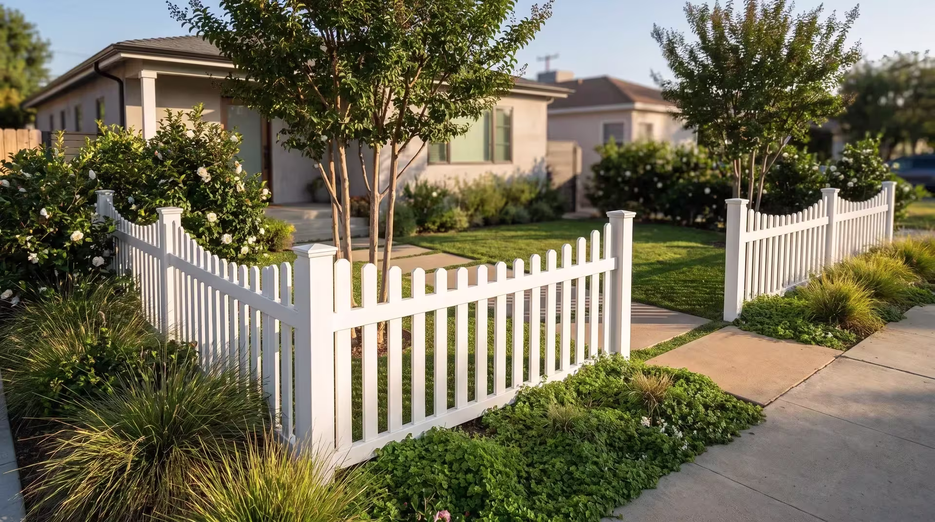 White vinyl scalloped picket fence lining an entry walk beneath crepe myrtle and camellias
