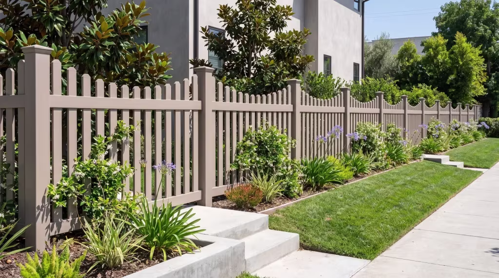 Clay vinyl scalloped picket fence bordering a sidewalk garden of magnolia and trailing jasmine