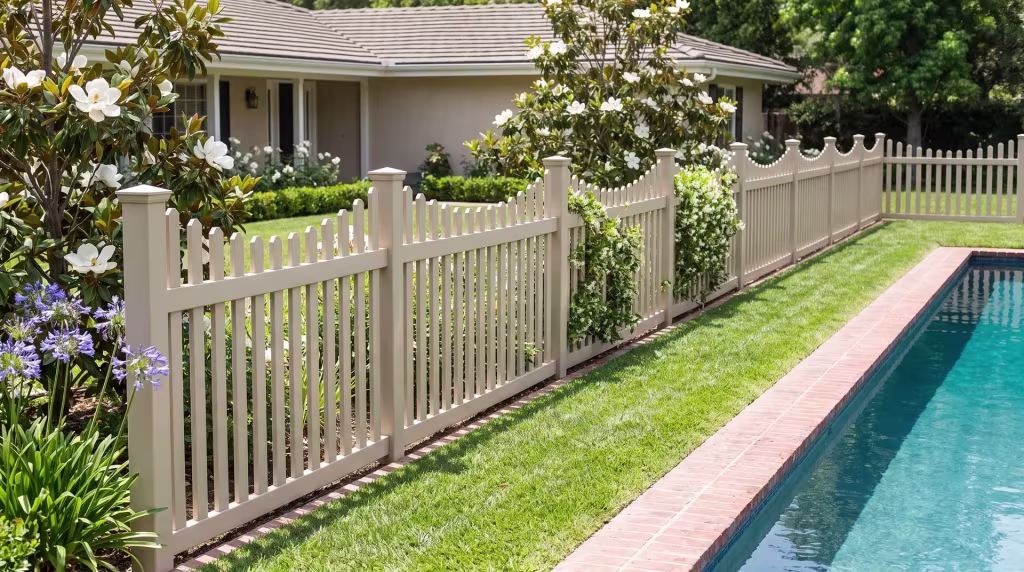 Tan vinyl scalloped picket fence stretching the length of a lap pool garden edged by a brick path