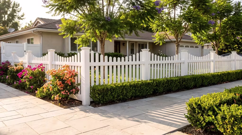 White vinyl scalloped picket fence set against pale stone paving beneath a jacaranda canopy