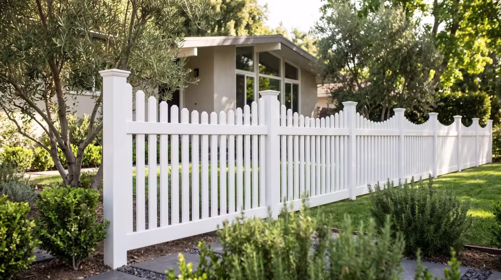 White vinyl scalloped picket fence framing a drought-tolerant garden of olive trees and rosemary