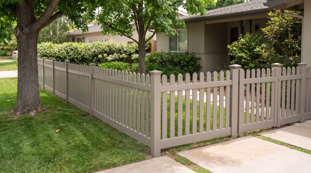 Clay vinyl straight picket fence bordering a shaded front lawn beneath a mature street tree