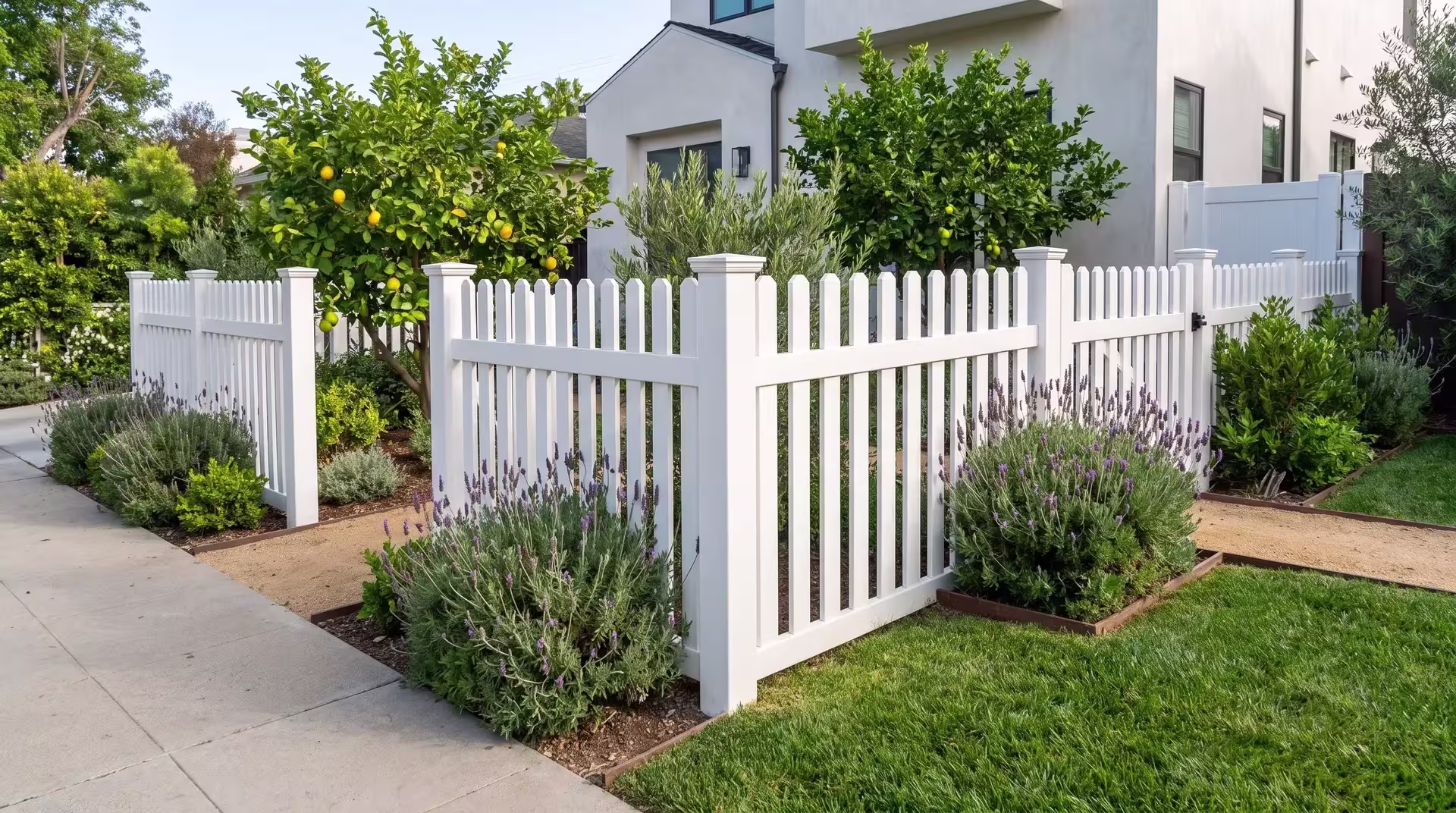 Decomposed granite paths lead to a White vinyl straight picket fence beside a public sidewalk
