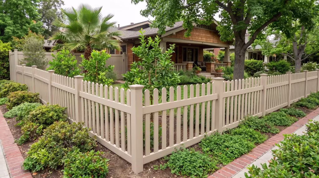 Tan vinyl straight picket fence tracing a brick-edged path beneath a tall fan palm