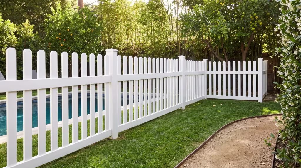 White vinyl straight picket fence dividing a backyard lawn from a pool terrace under bamboo
