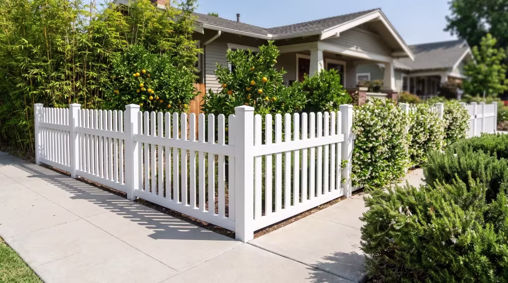 White vinyl straight picket fence turning a corner above a broom-finished concrete walk