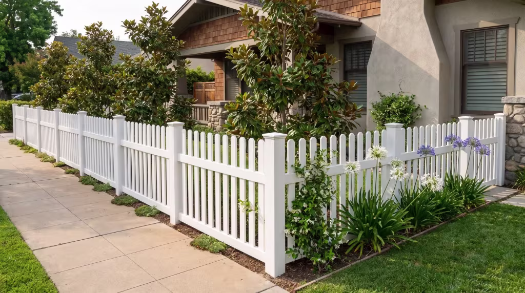Layered front garden bordered by a White vinyl straight picket fence beneath magnolia and jasmine blooms