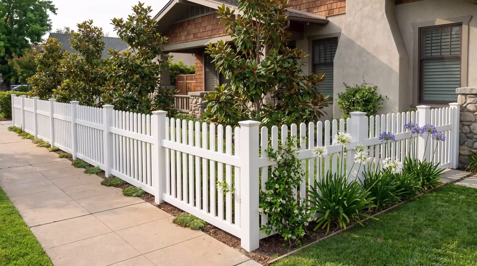 Layered front garden bordered by a White vinyl straight picket fence beneath magnolia and jasmine blooms