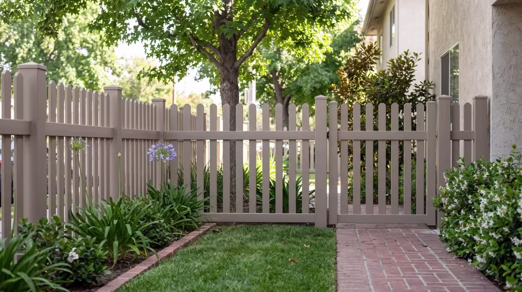 Clay vinyl straight picket fence outlining a small courtyard property beneath a shading tree