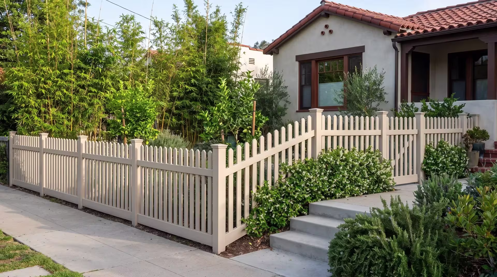 Tan vinyl straight picket fence set beside poured-concrete steps at a Spanish Revival house