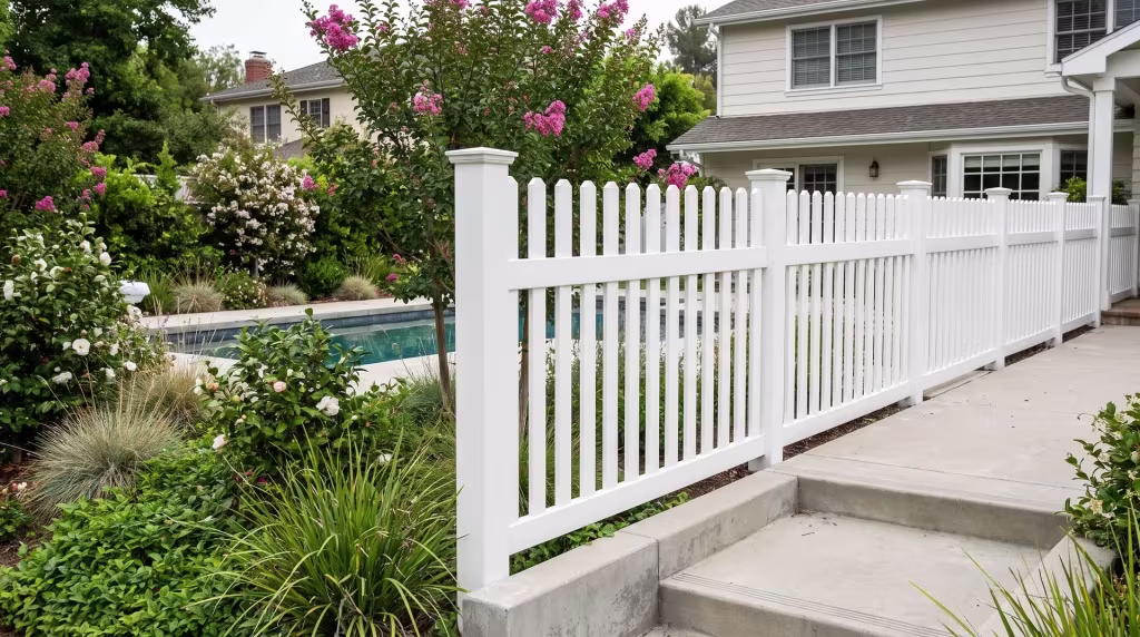 White vinyl straight picket fence enclosing a pool courtyard past crepe myrtle and camellias