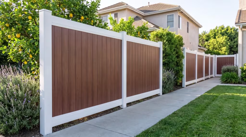 White vinyl framing carries Brazilian Blend boards past lemon trees, podocarpus and a concrete walk