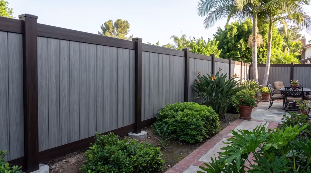 Arctic Blend vertical boards sit inside Dark Sequoia vinyl framing beside a brick garden path and queen palms