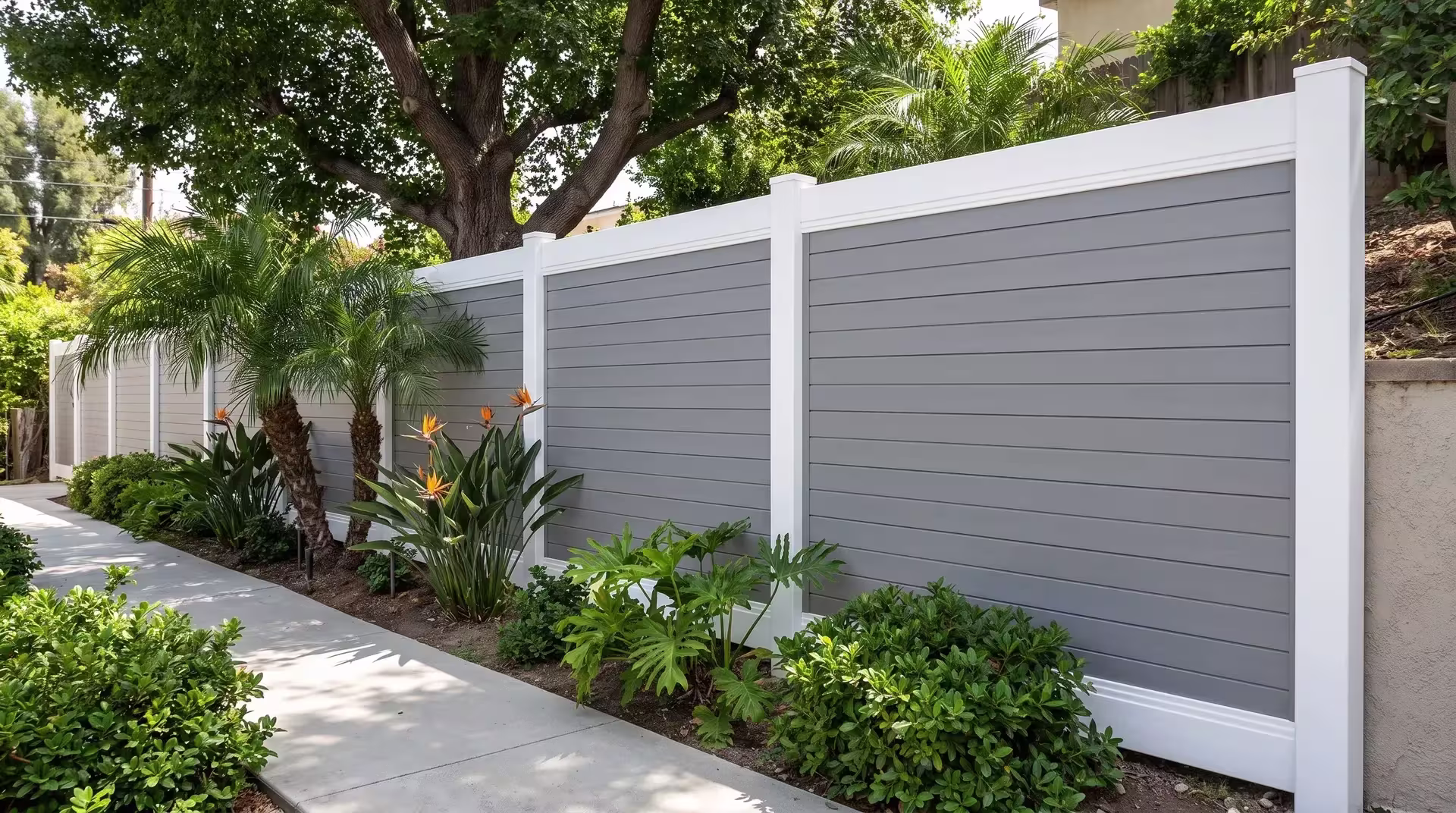 Two-tone horizontal vinyl privacy fencing in White and Slate Gray runs beside queen palms and a shaded concrete walk