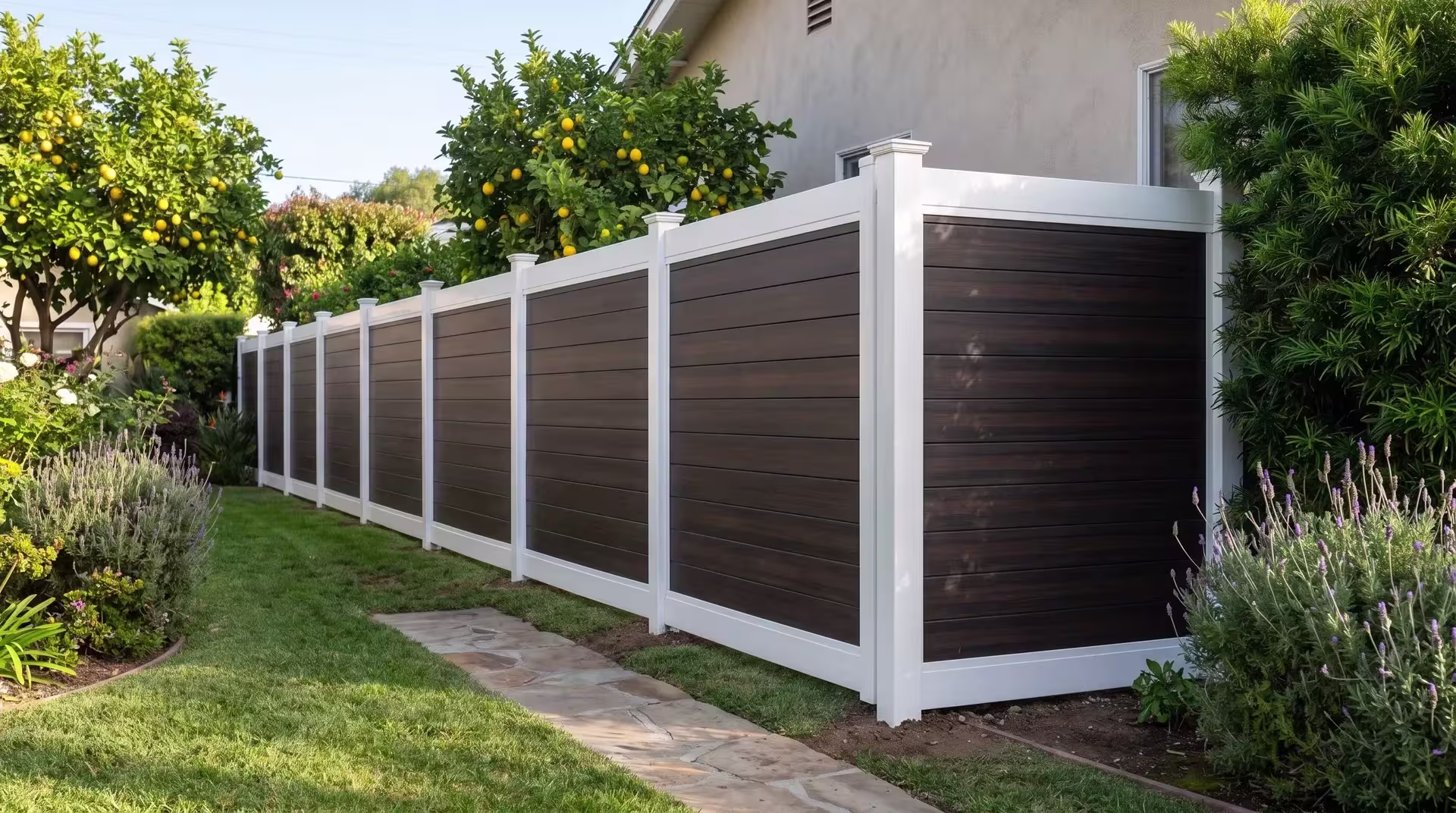 A flagstone walk through the lawn borders a horizontally boarded two-tone vinyl fence finished in White and Dark Sequoia