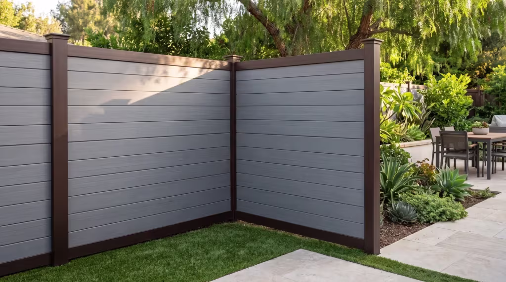 This vinyl fence closes off a paved dining terrace, its horizontal boards colored Arctic Blend against a Dark Sequoia frame