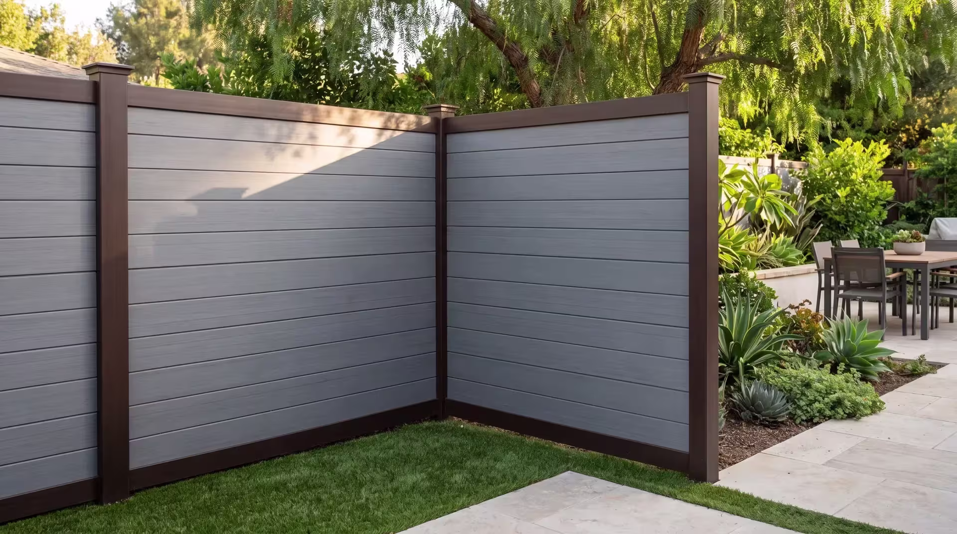This vinyl fence closes off a paved dining terrace, its horizontal boards colored Arctic Blend against a Dark Sequoia frame