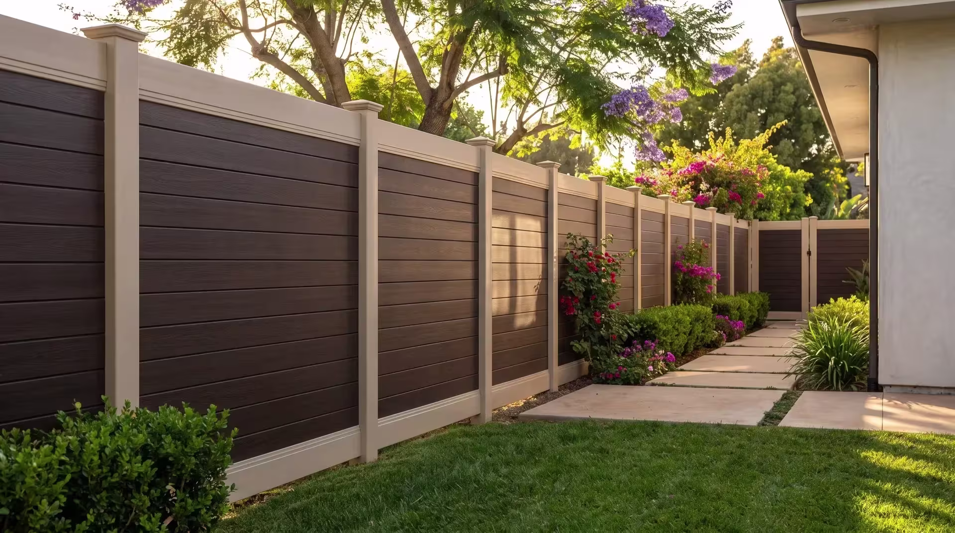 A Tan frame and Dark Sequoia boards form this horizontal vinyl fence between a rear lawn and a paved patio