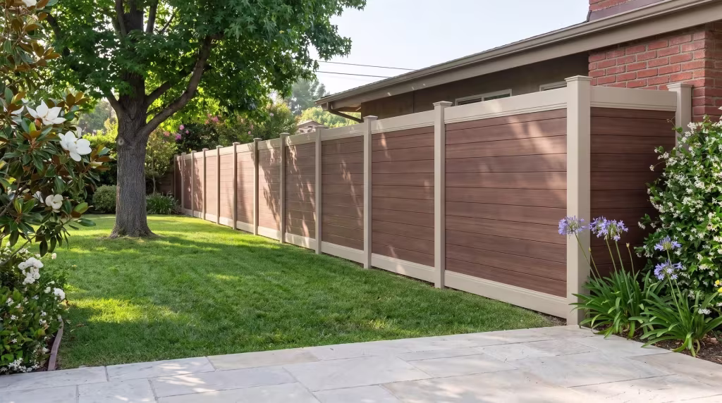 Tan and Brazilian Blend boards run horizontally across this vinyl fence beside magnolia and jasmine planting