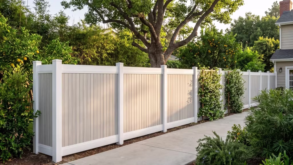 White framing paired with Coastal Cedar boards makes a vertical privacy vinyl two-tone fence past a shade tree and bamboo